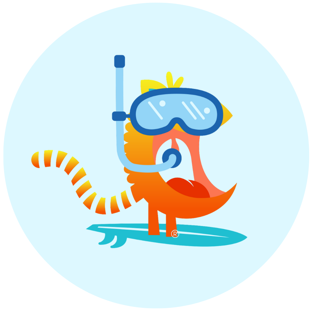 Cartoon orange lemur in blue snorkel mask and flippers standing in a pool floatable ring