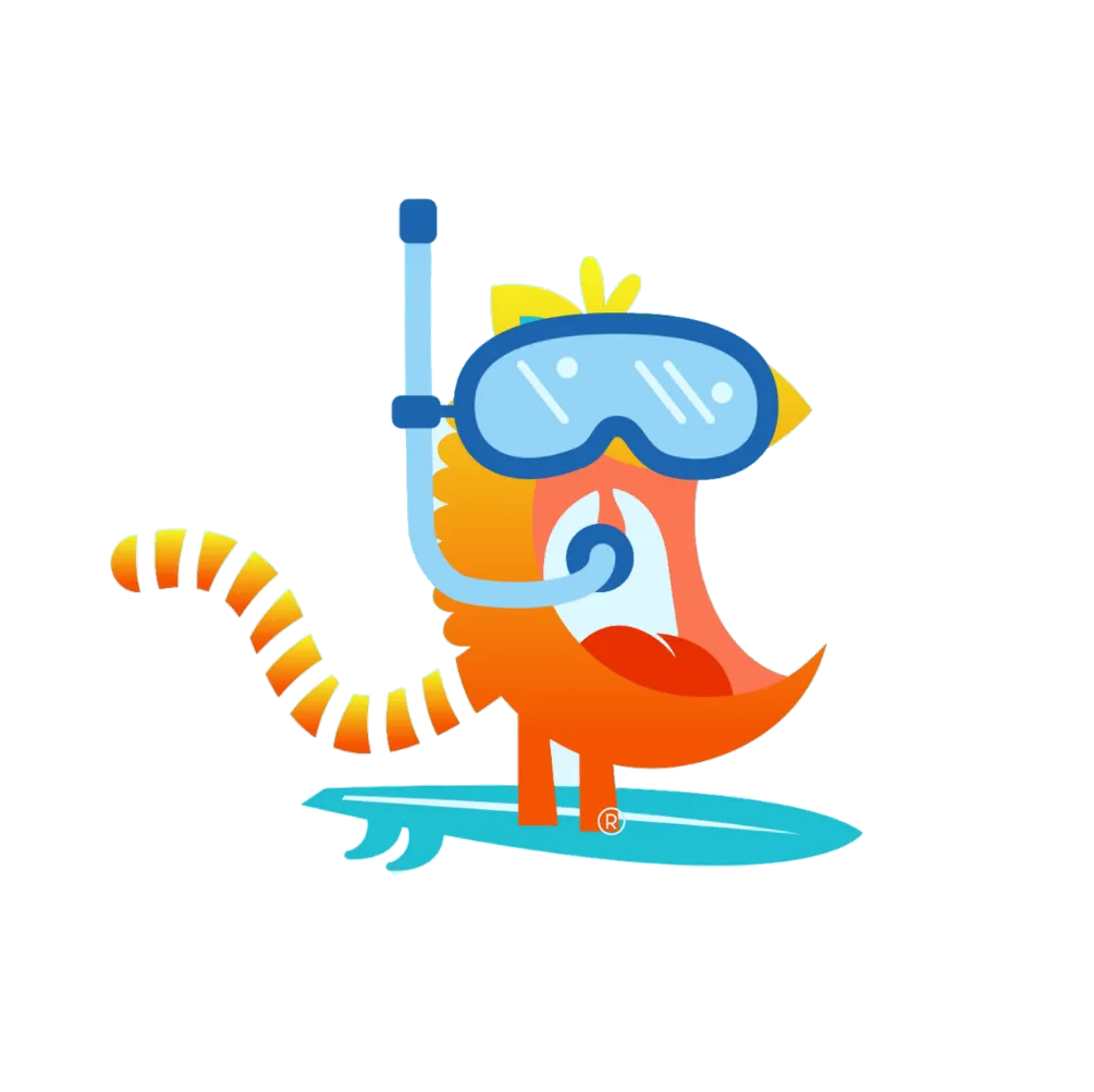 Cartoon orange animal in blue snorkel mask holding a surfboard, standing on a blue wave.