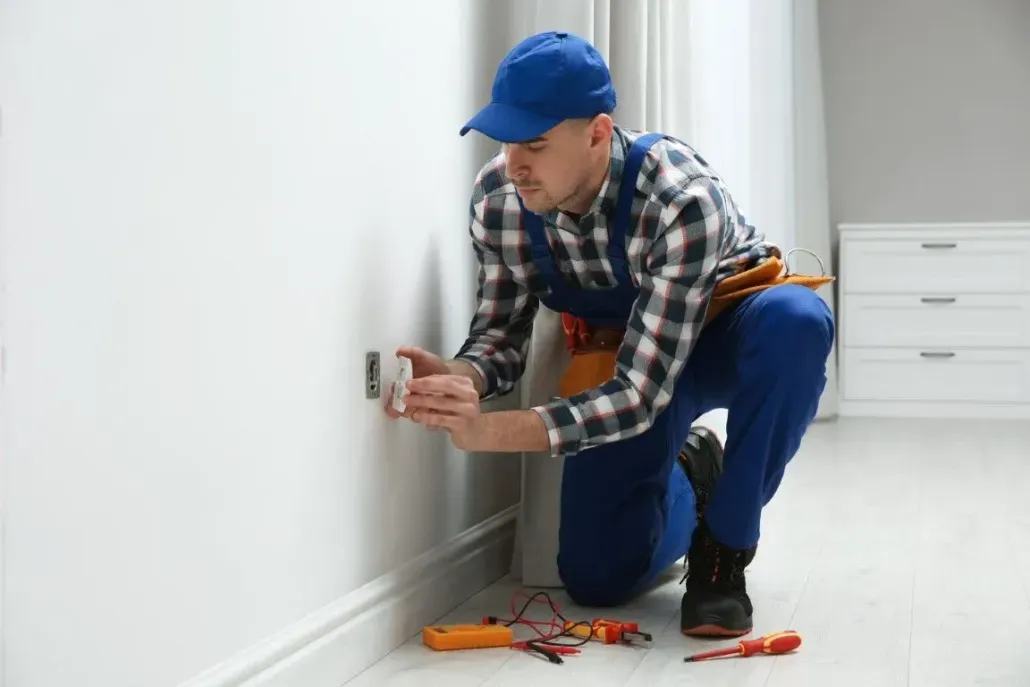 Professional electrician installing a new power outlet in a residential home.