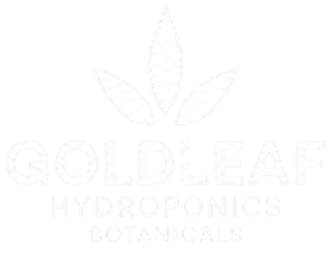 Goldleaf Hydroponics Botanicals logo with a stylized leaf in pale gray on a white background