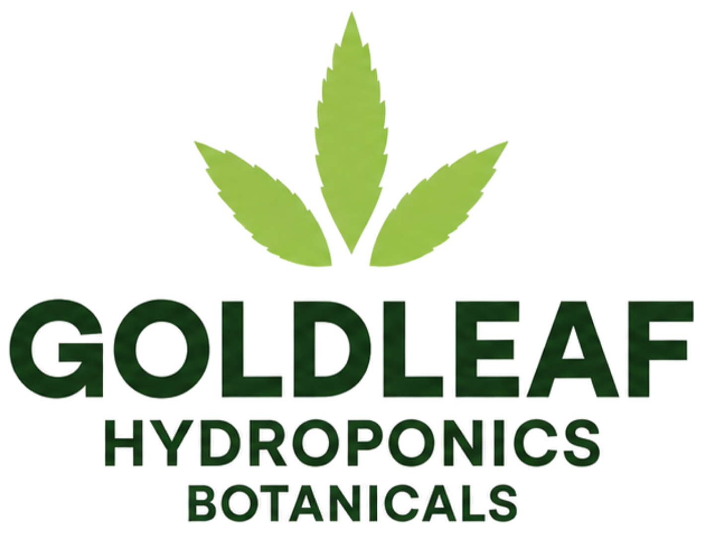 Goldleaf Hydroponics Botanicals logo with green leaf icon and dark green text