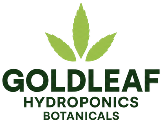 Goldleaf Hydroponics Botanicals logo with green leaf icon and dark green text