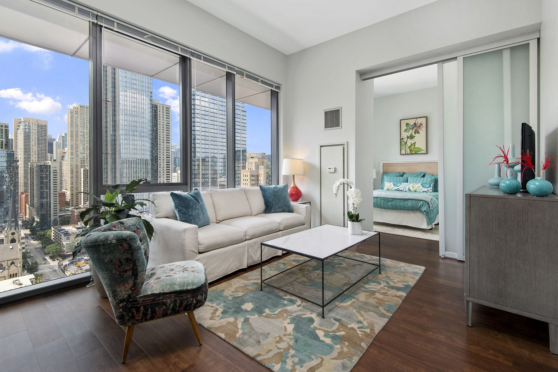 Living Room with Wood Flooring Chicago Apartment 60610