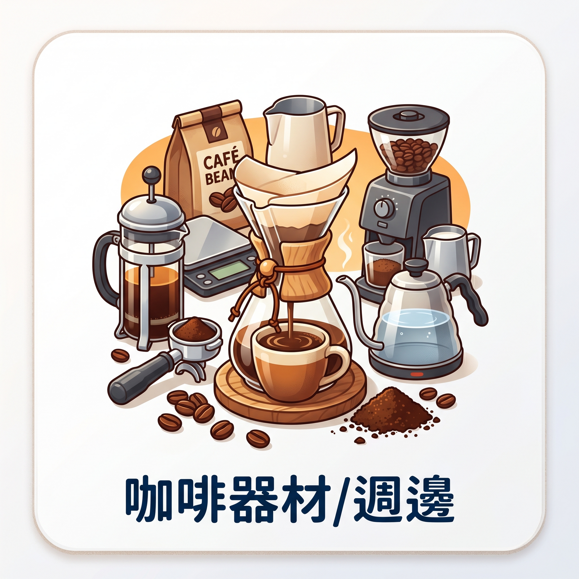 白色背景上的咖啡沖泡工具和咖啡豆，底部有中文文字。