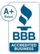 A blue and white bbb accredited business logo