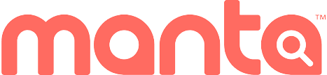 Logo for Manta, in coral color with magnifying glass.