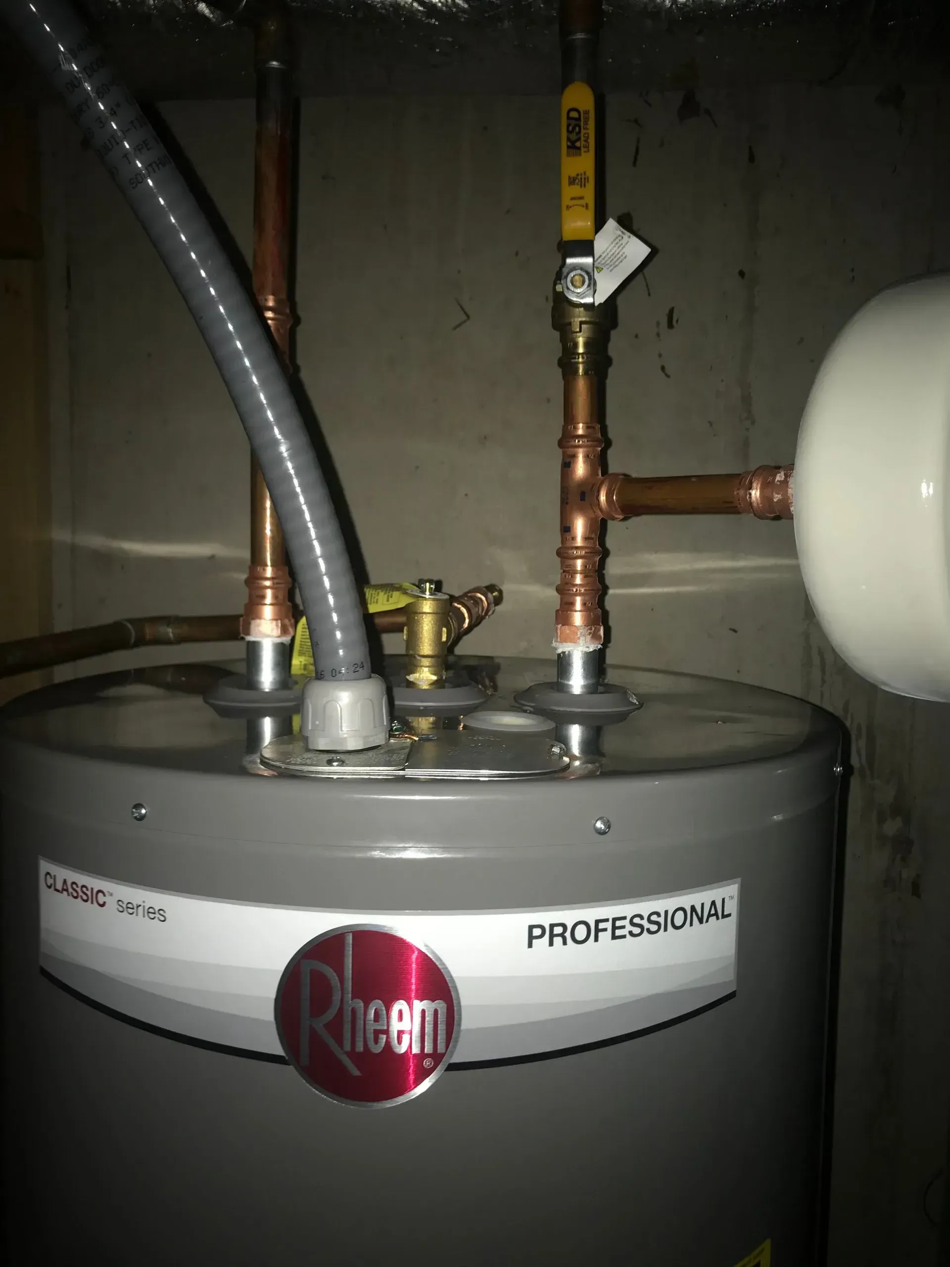 A Rheem Professional water heater with copper piping, a yellow gas valve, and expansion tank, in a utility room.