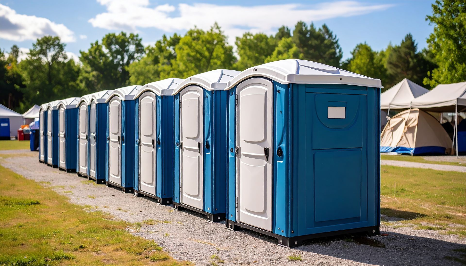Row of special event portable toilets set up for festivals events and busy construction areas. Row of special event portable toilets set up for festivals events and busy construction areas.