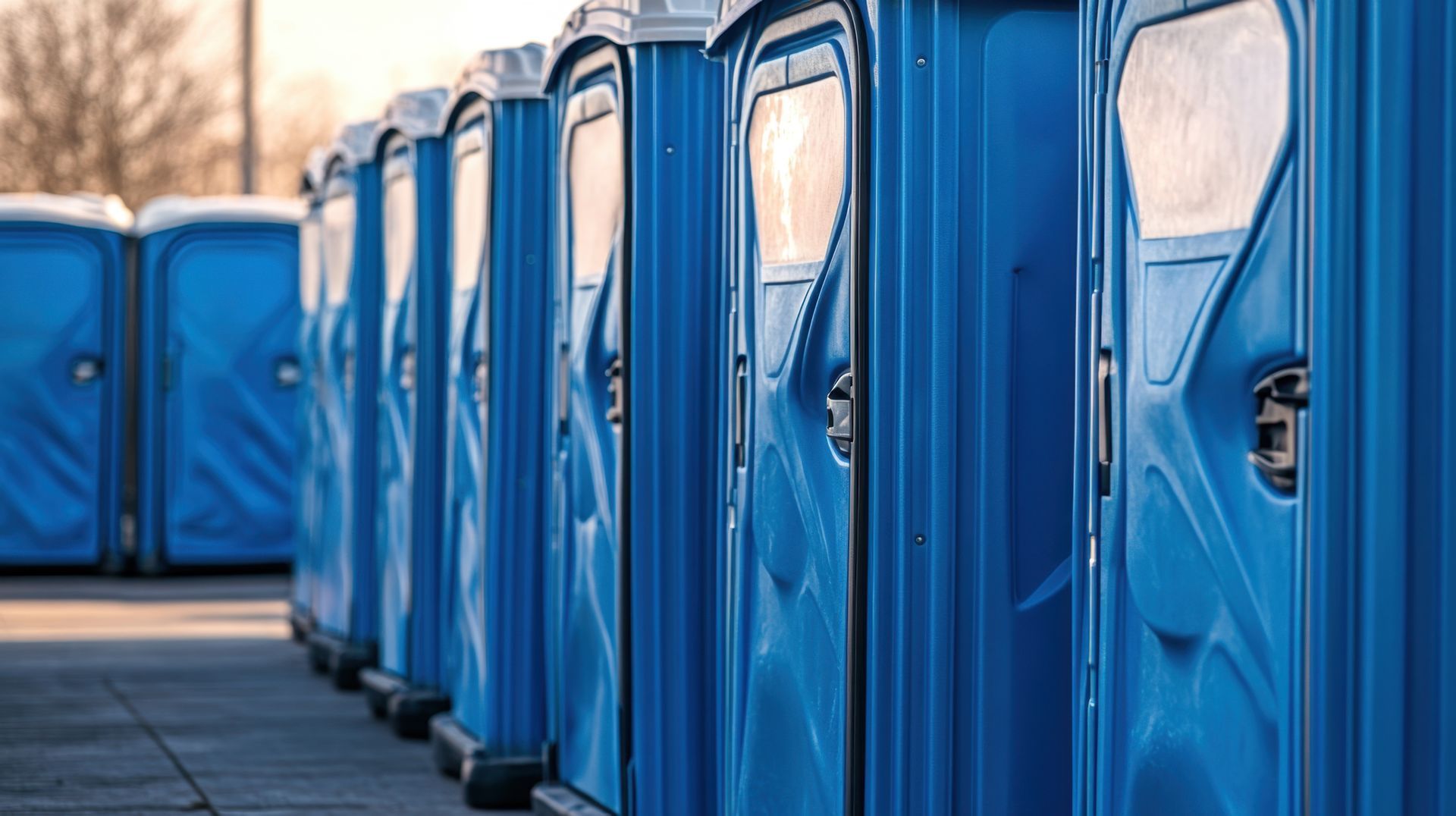 Blue special event portable toilets arranged in a row at outdoor venue for guest sanitation needs.