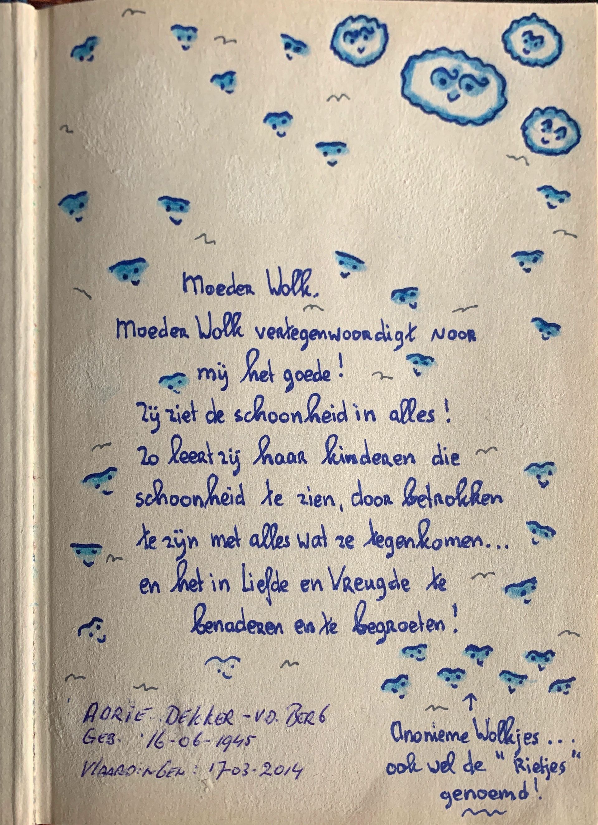 Originele handgeschreven bladzijde uit het boek van mijn moeder – Inspiratie voor Moeder Wolk