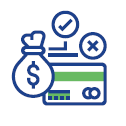 Online payment icon with credit card, dollar sign bag, checkmark, and X symbols