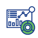 Blue analytics dashboard with bar and line chart, overlaid by green target icon