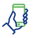 Hand holding a green smartphone icon in blue outline