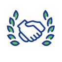Blue handshake icon framed by green laurel leaves, symbolizing partnership or agreement