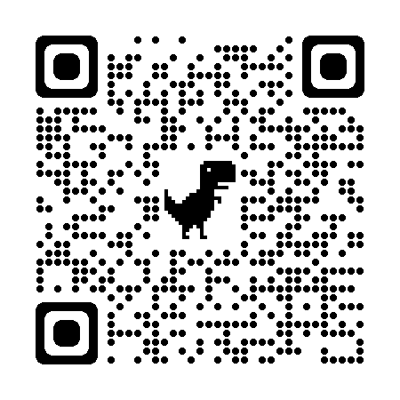 QR code with rounded black modules on a white background and a black dinosaur silhouette in the center