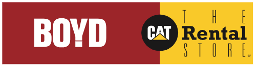 A red and yellow logo for boyd cat rental store