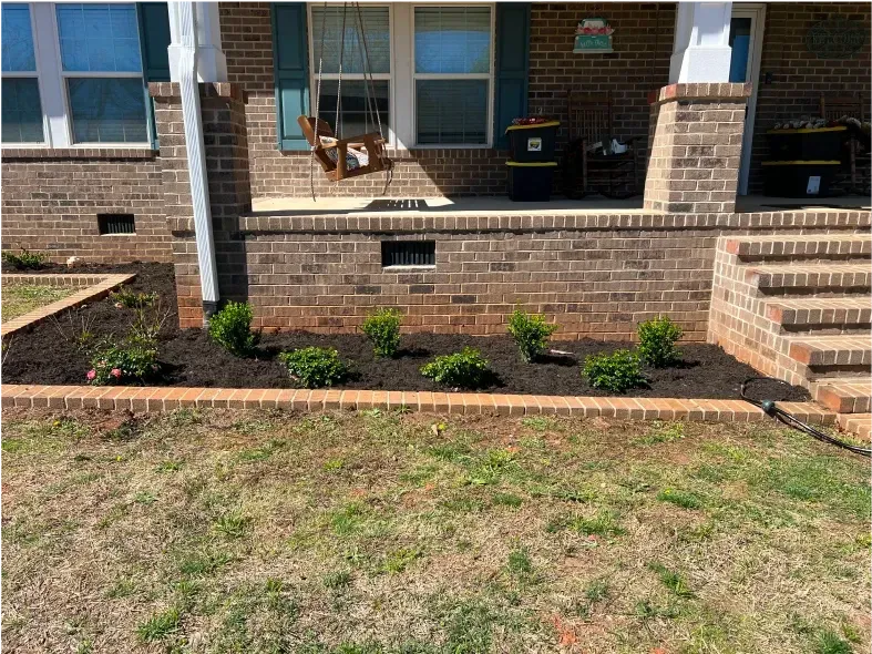 Front yard with brick house, small bushes in mulch bed, and brown grass.
