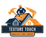Roofing company logo with worker, hammer, drill, and houses; text: “Texture Touch” and “Quality You Trust”