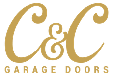 Gold “C&C Garage Doors” logo on a white background