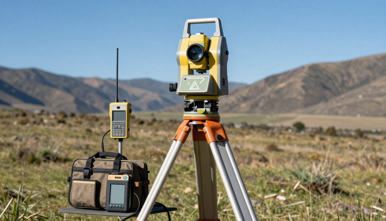 Equipo de topografía sobre un trípode en un campo de hierba con montañas al fondo.