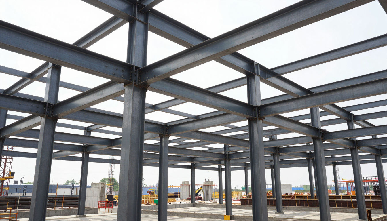 Estructura de acero de un edificio en construcción con columnas de hormigón y cielo abierto en la parte superior.