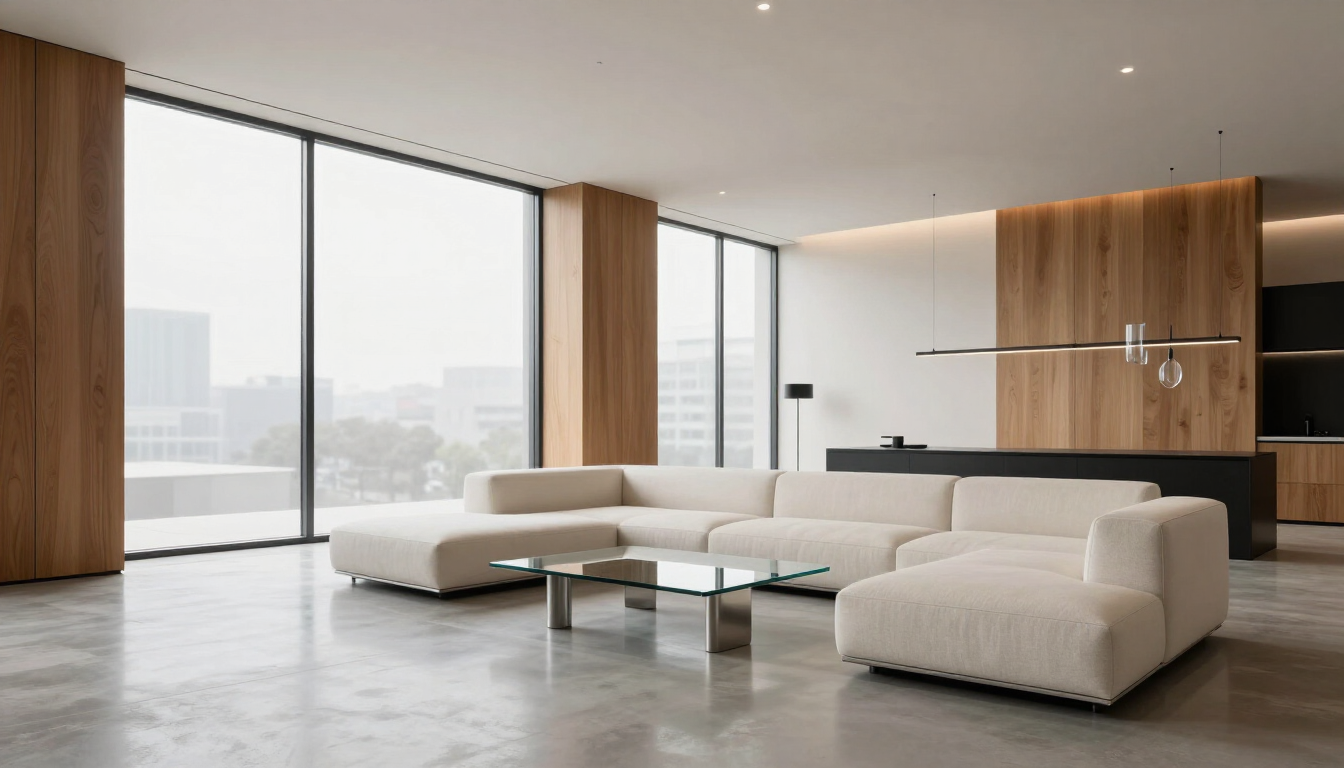 Salón moderno y minimalista con sofás blancos, mesa de cristal, paneles de madera y grandes ventanales que van del suelo al techo.