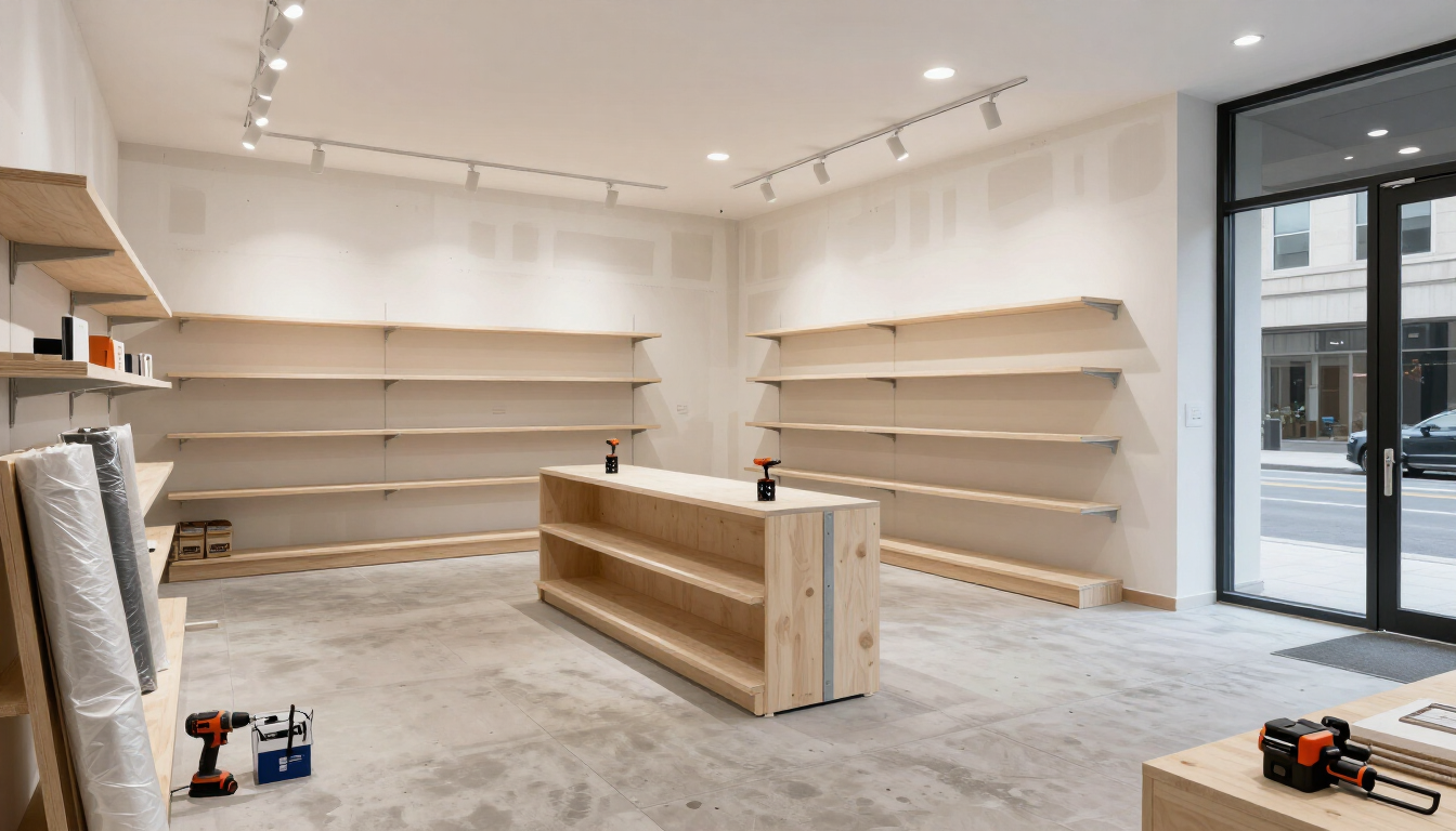 Interior vacío de una tienda minorista con estanterías blancas, mesa de exposición central y puerta de entrada de cristal.