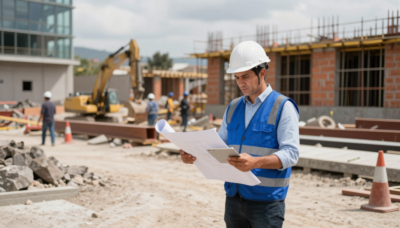Obrero de la construcción con casco revisando planos en una obra con escombros y excavadora.