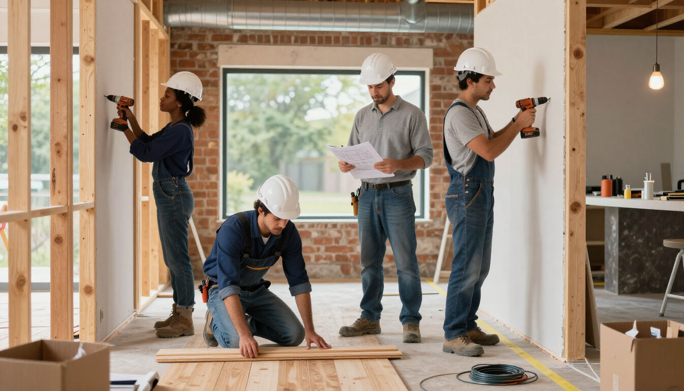 Un equipo de obreros de la construcción, con cascos de seguridad, trabaja dentro de una casa en renovación, midiendo e instalando la estructura de madera.