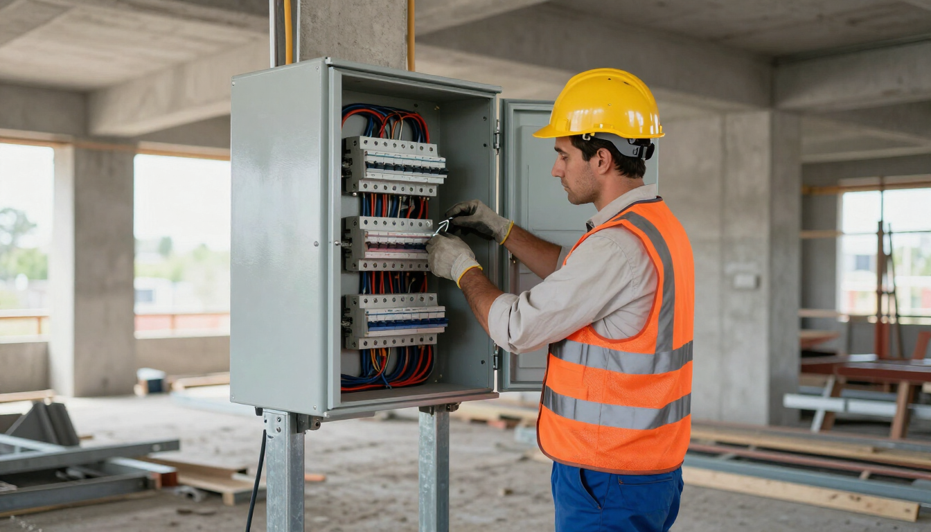 Técnico con casco y chaleco de seguridad realizando el cableado de un panel de control eléctrico abierto en una obra de construcción.