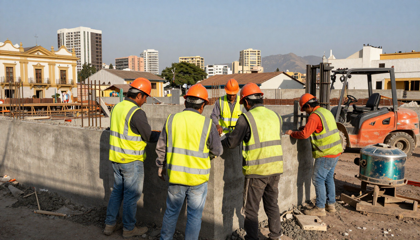 Obreros de la construcción, con cascos naranjas y chalecos de seguridad, se reúnen en una obra al borde de la carretera con maquinaria pesada.