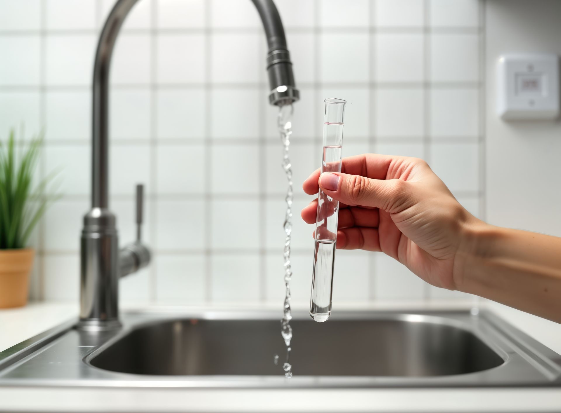 Hand-holding a water sample test tube under a running faucet for water testing.
