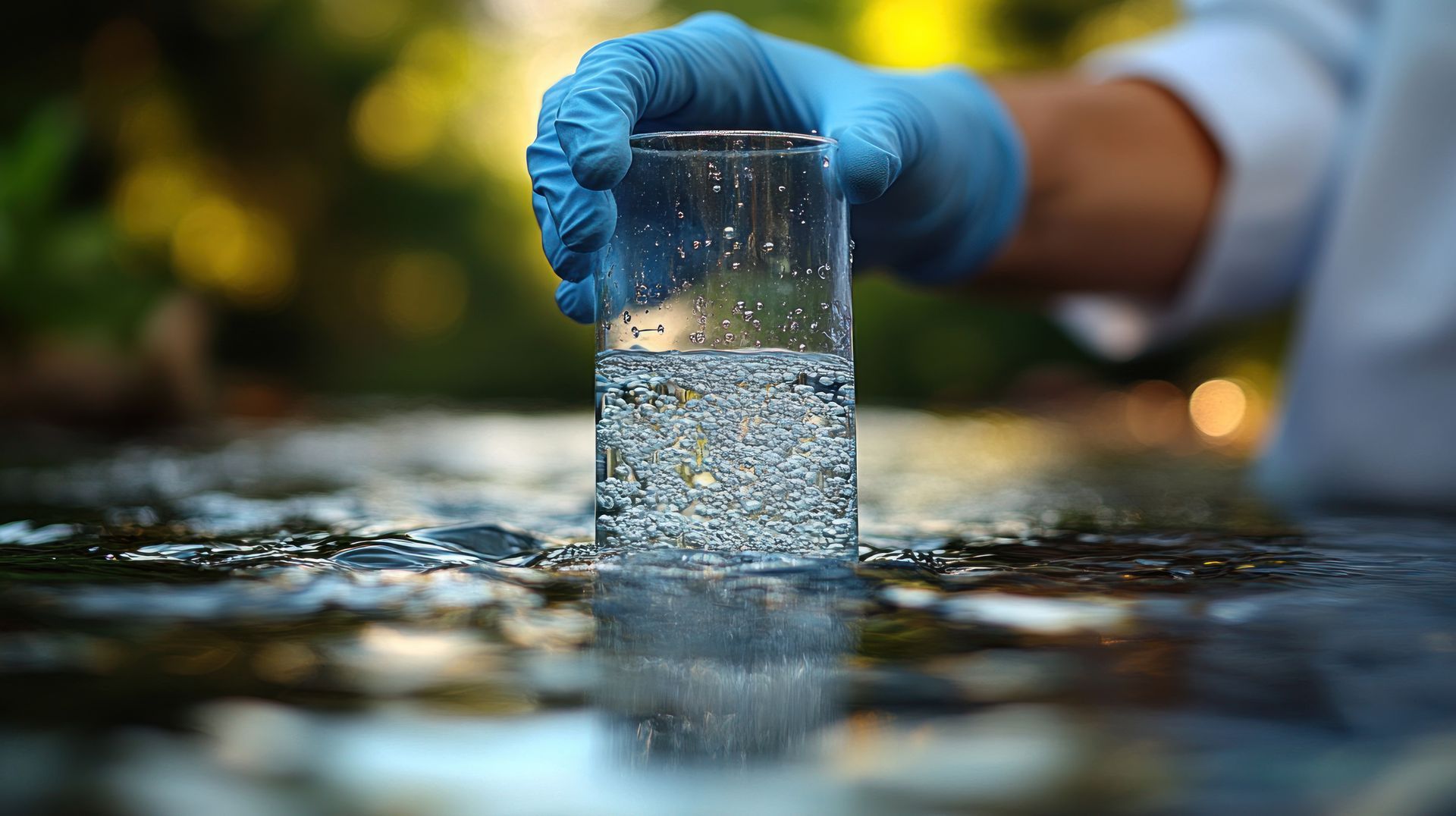 Scientist collecting a water sample in a glass beaker for water quality testing.