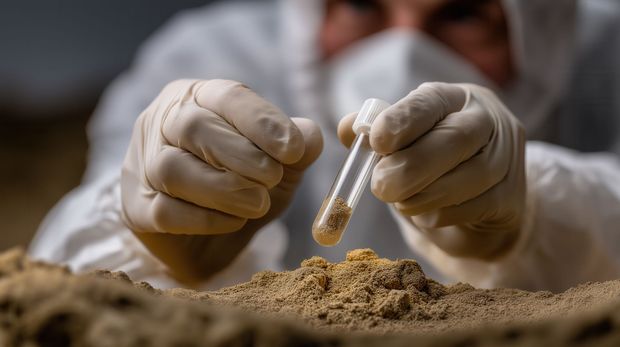 A person in a white coat holds a tube of sand, likely for analysis in a soil testing laboratory
