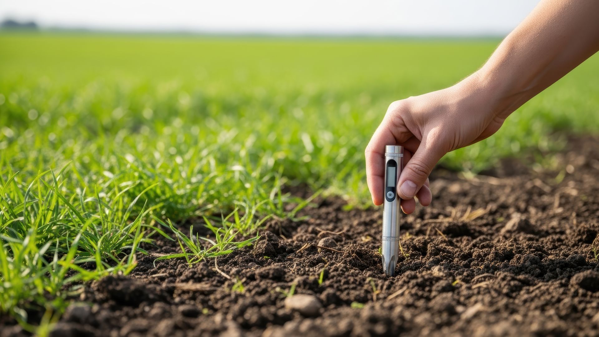 Testing soil with digital sensor in field.