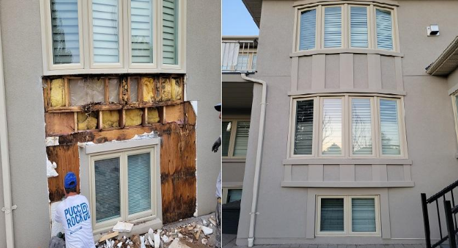 “Home exterior with stucco removed around windows to expose damaged wall sections during a stucco service in Spring Valley, NV”