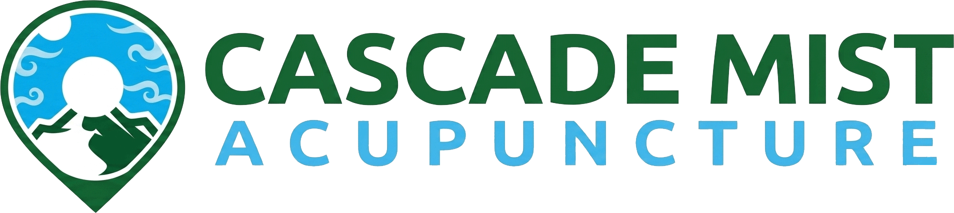 Cascade Mist Acupuncture logo with green mountain, blue water drop, and pine tree icon