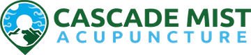 Cascade Mist Acupuncture logo with green mountain, blue water drop, and pine tree icon