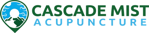 Cascade Mist Acupuncture logo with green mountain, blue water drop, and pine tree icon