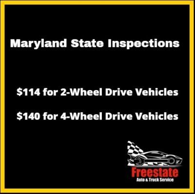 Advertisement for Maryland State Inspections. $114 for 2-wheel, $140 for 4-wheel drive. Black background, yellow border, logo | Freestate Auto & Truck Service