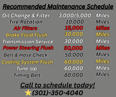 Maintenance schedule: Oil changes, tire rotations, air filters, brake/power steering flushes, belt checks, cooling system flush, tune-up, and timing belt | Freestate Auto & Truck Service