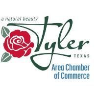 A logo for tyler texas area chamber of commerce with a red rose.