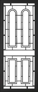 Black-and-white decorative window or door panel with four arched panes and rectangular lower panels