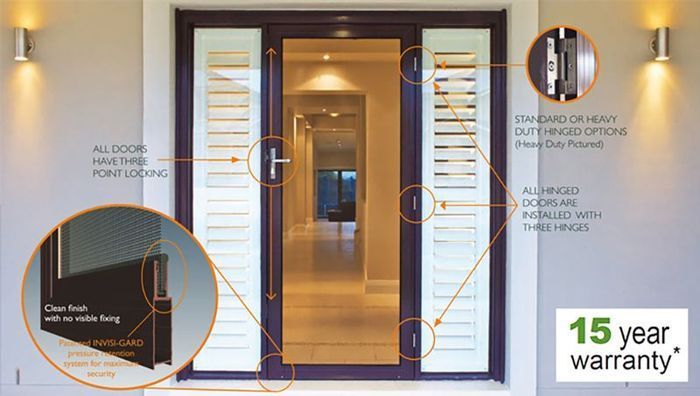 Front door display with glass sidelights, hardware callouts, and a 15-year warranty badge