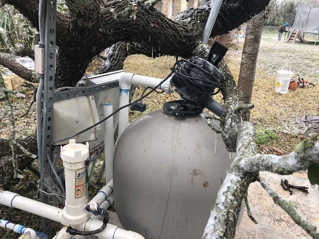Pool filter system nestled among tree branches; plastic pipes and electrical components.