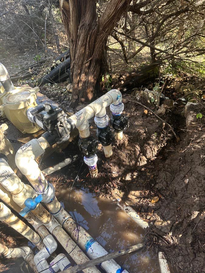 Pool plumbing with pipes and valves near a tree in an outdoor, muddy area.