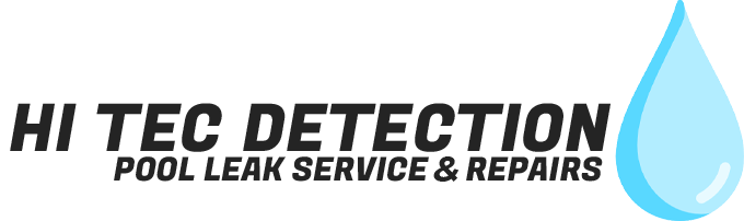 Logo for Hi Tec Detection, pool leak service and repairs. Features a blue water droplet and black text.