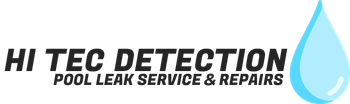 Logo for Hi Tec Detection, pool leak service and repairs. Features a blue water droplet and black text.