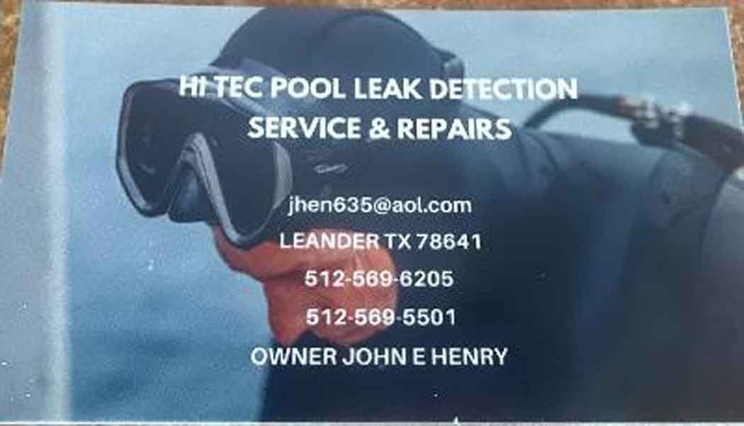 Business card for Hi-Tec Pool Leak Detection. A diver in a wetsuit. Contact info: email, address, phone.