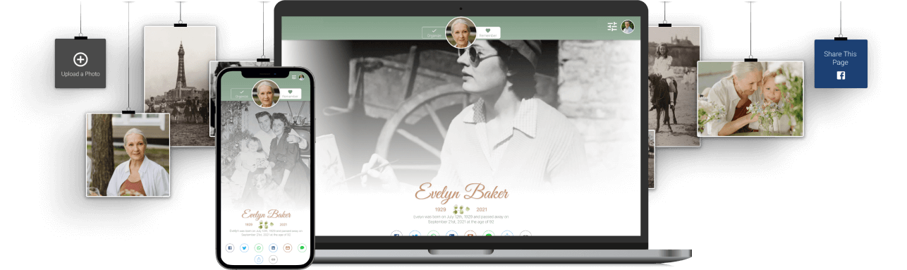 Website mockup on laptop and phone showing a vintage black-and-white portrait with soft green accents